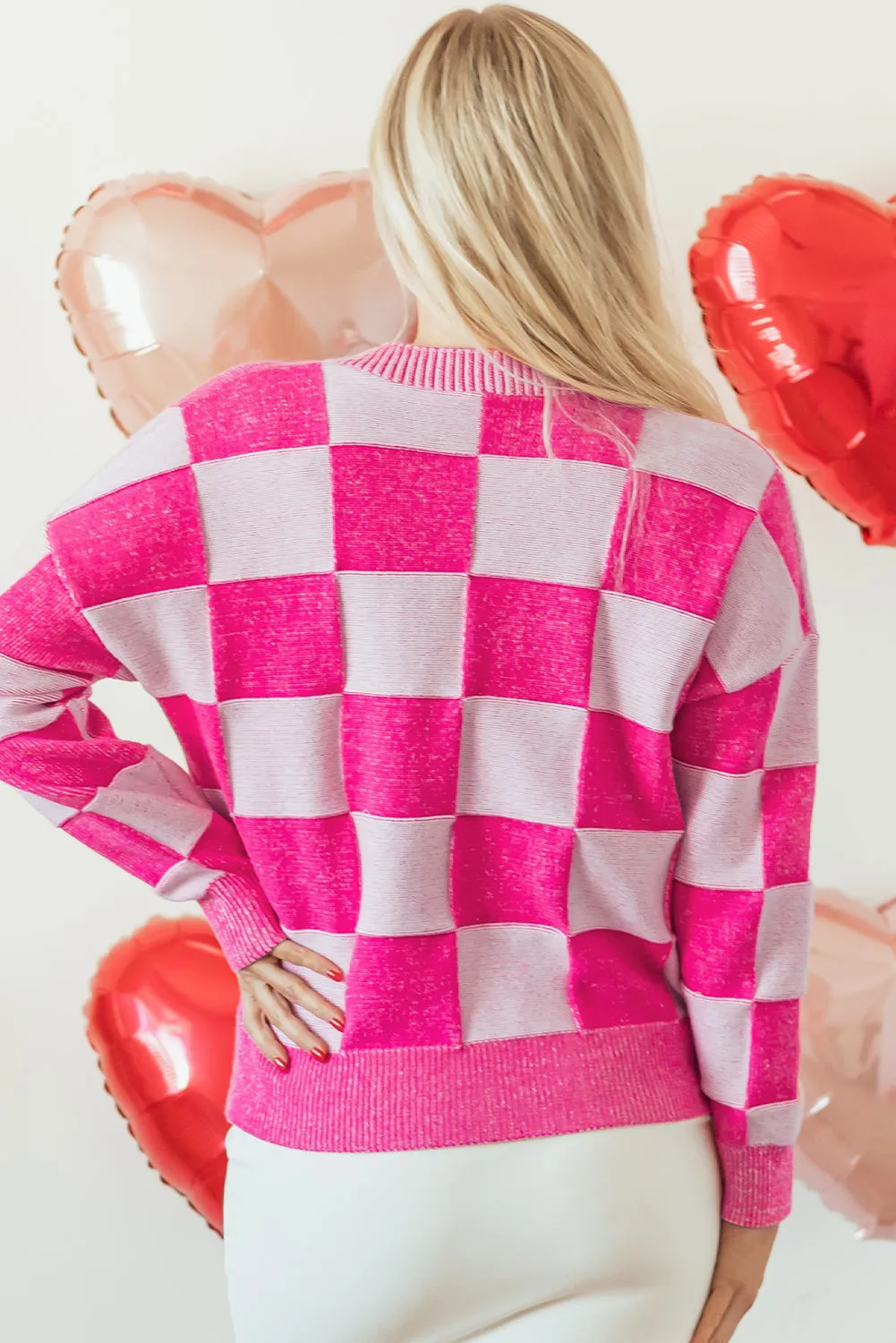 Checkered Buttoned V Neck Cardigan