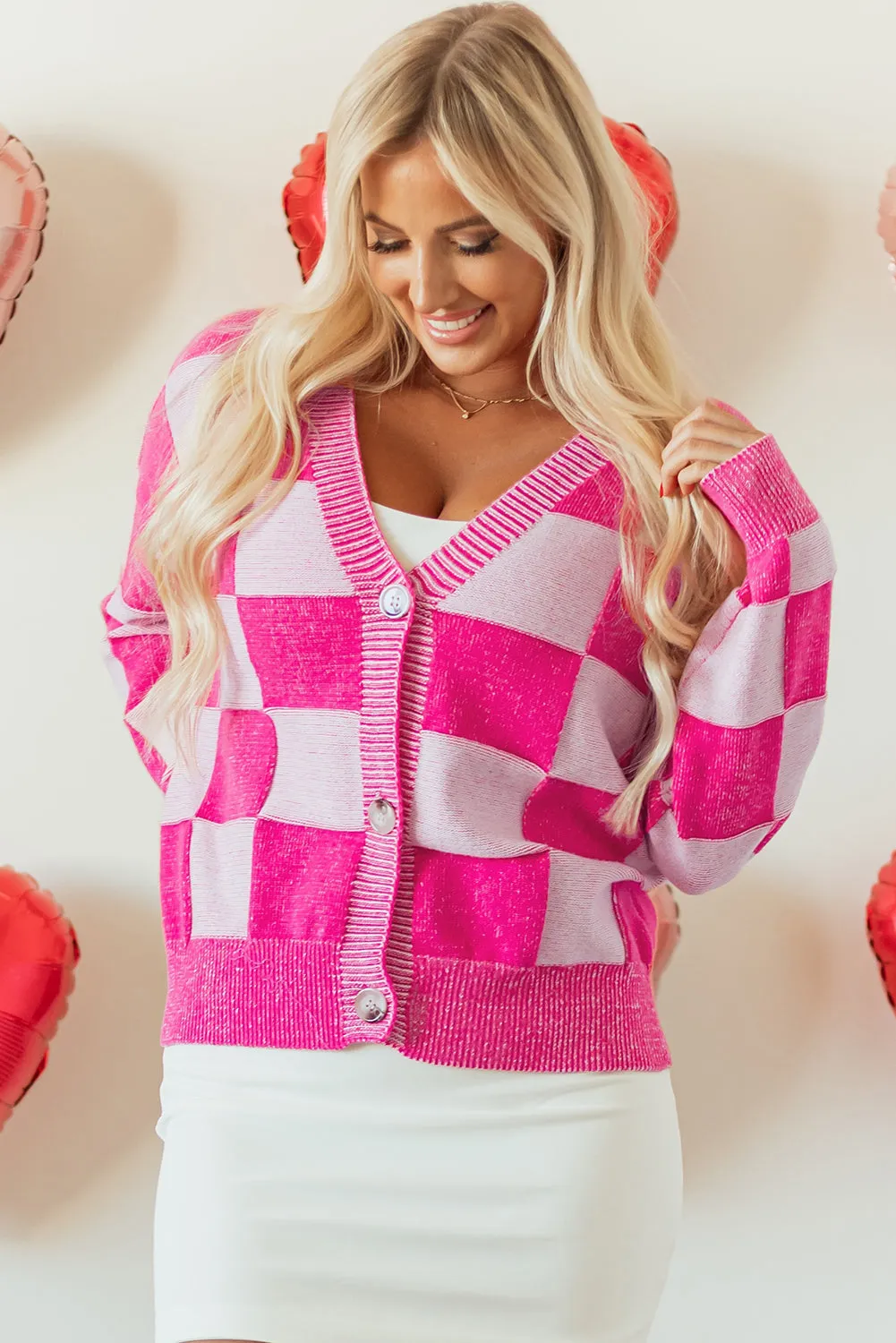 Checkered Buttoned V Neck Cardigan