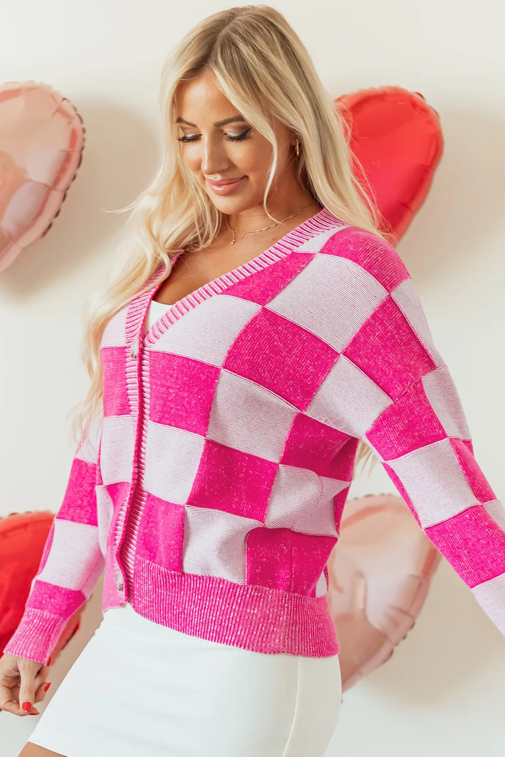 Checkered Buttoned V Neck Cardigan