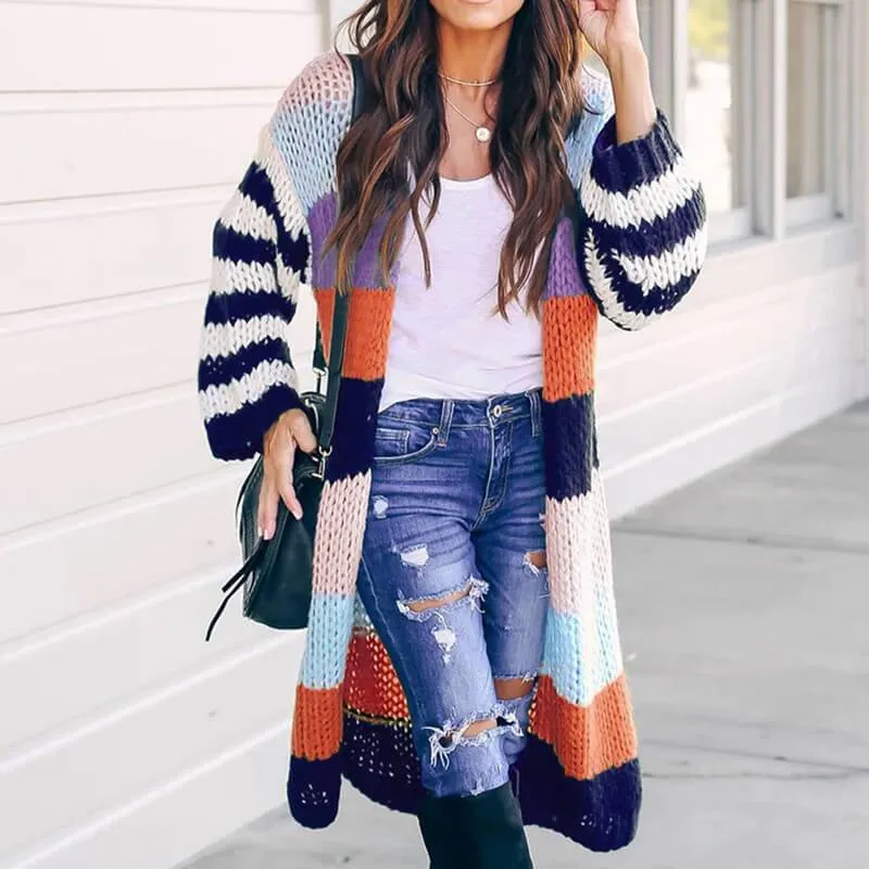 Colorblock Long Lantern Sleeve Cardigan Sweater