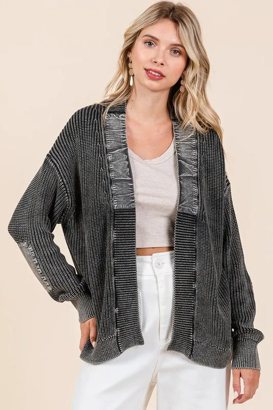 Contrast Patch Open Front Mineral Wash Cardigan