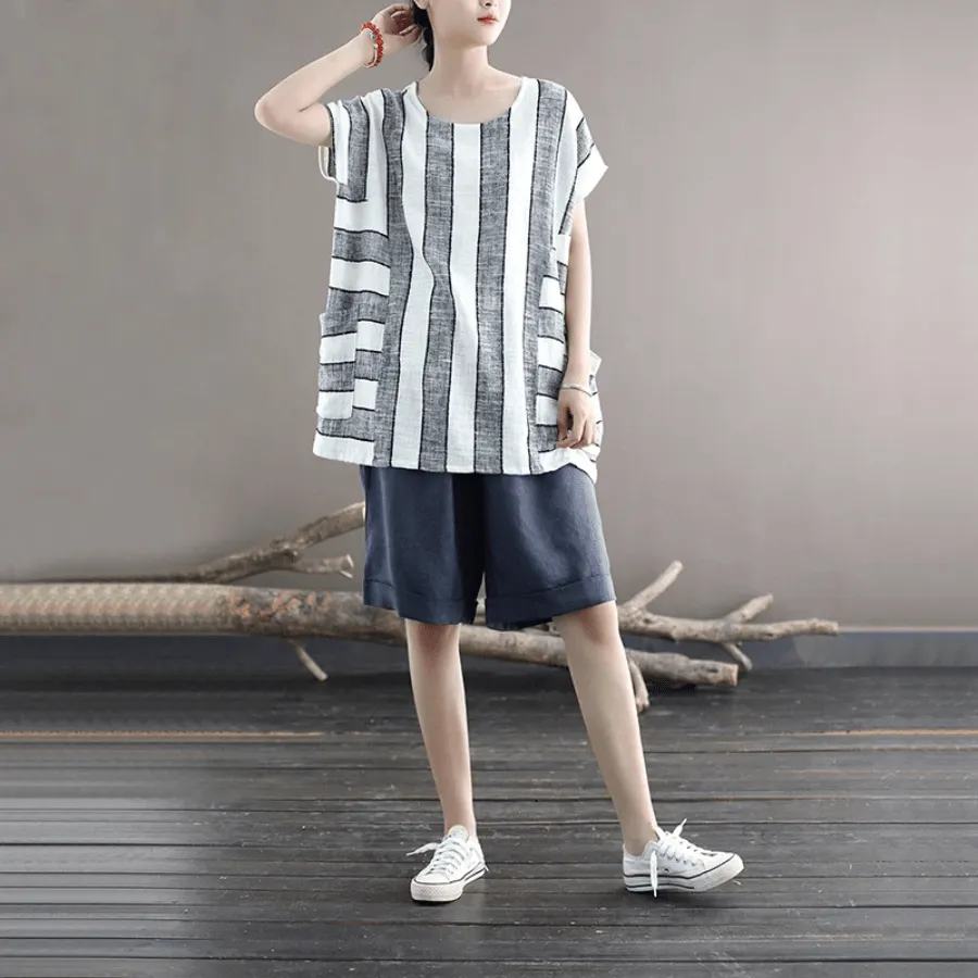 Cotton and Linen Oversized Striped T-Shirt