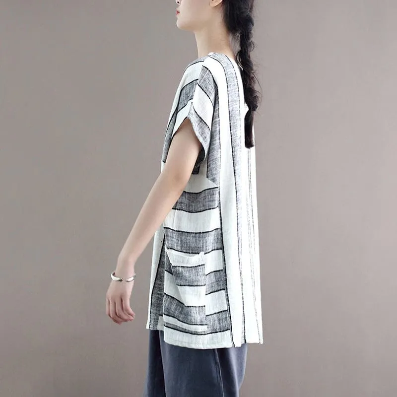 Cotton and Linen Oversized Striped T-Shirt