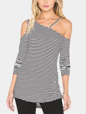 Custom Asymmetrical Cold Shoulder Stripe Long Sleeve T-Shirts