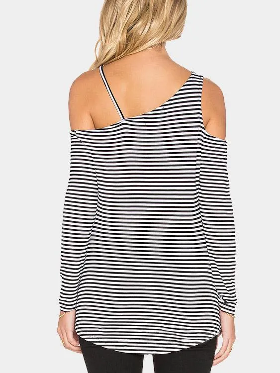 Custom Asymmetrical Cold Shoulder Stripe Long Sleeve T-Shirts