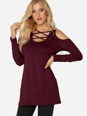 Custom Cold Shoulder Plain Cut Out Long Sleeve Burgundy T-Shirts