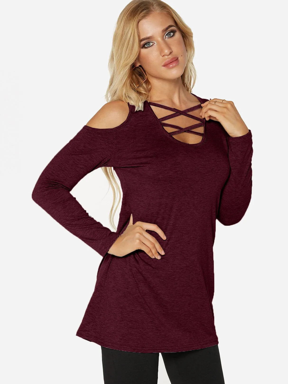 Custom Cold Shoulder Plain Cut Out Long Sleeve Burgundy T-Shirts