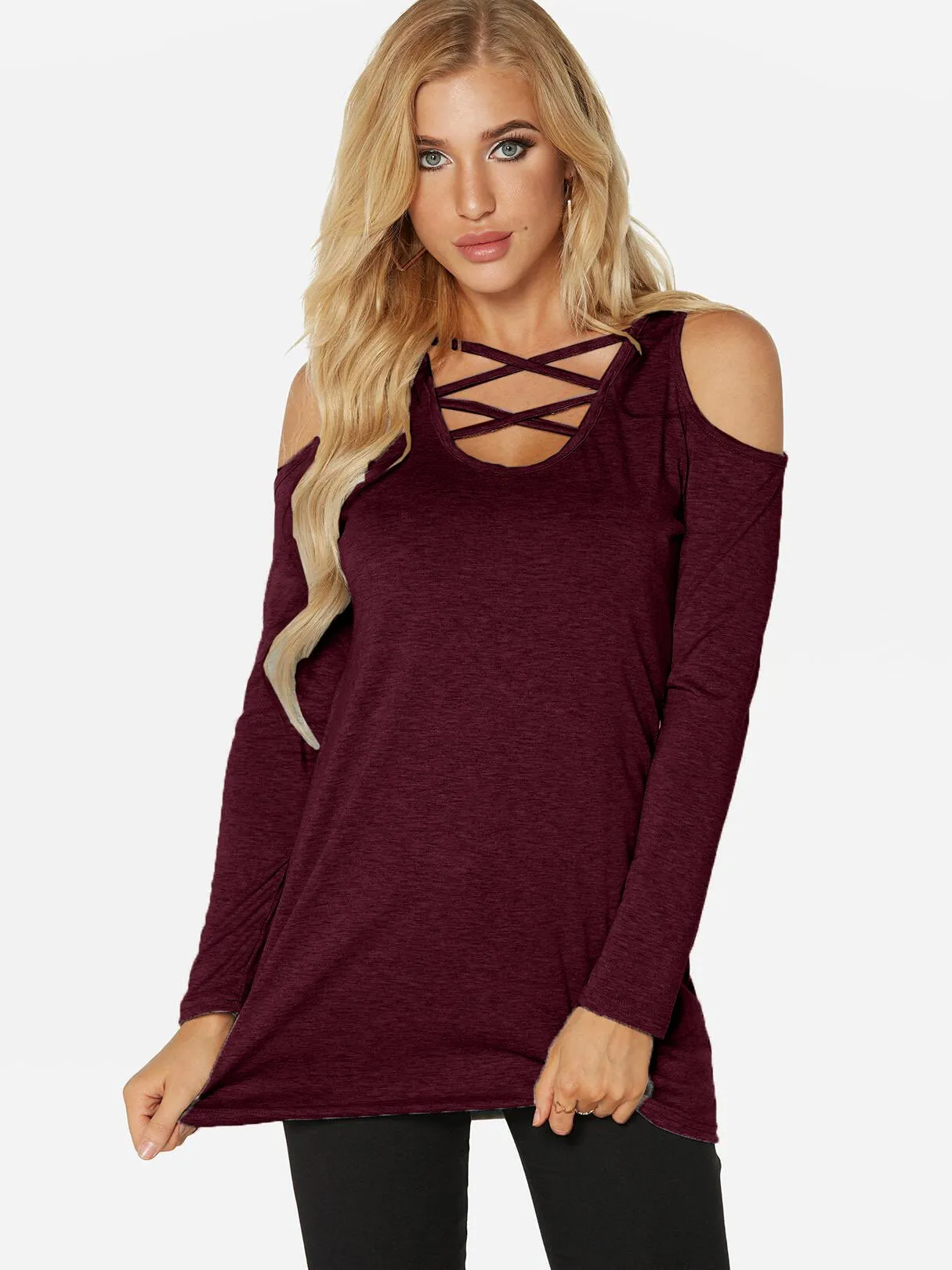 Custom Cold Shoulder Plain Cut Out Long Sleeve Burgundy T-Shirts