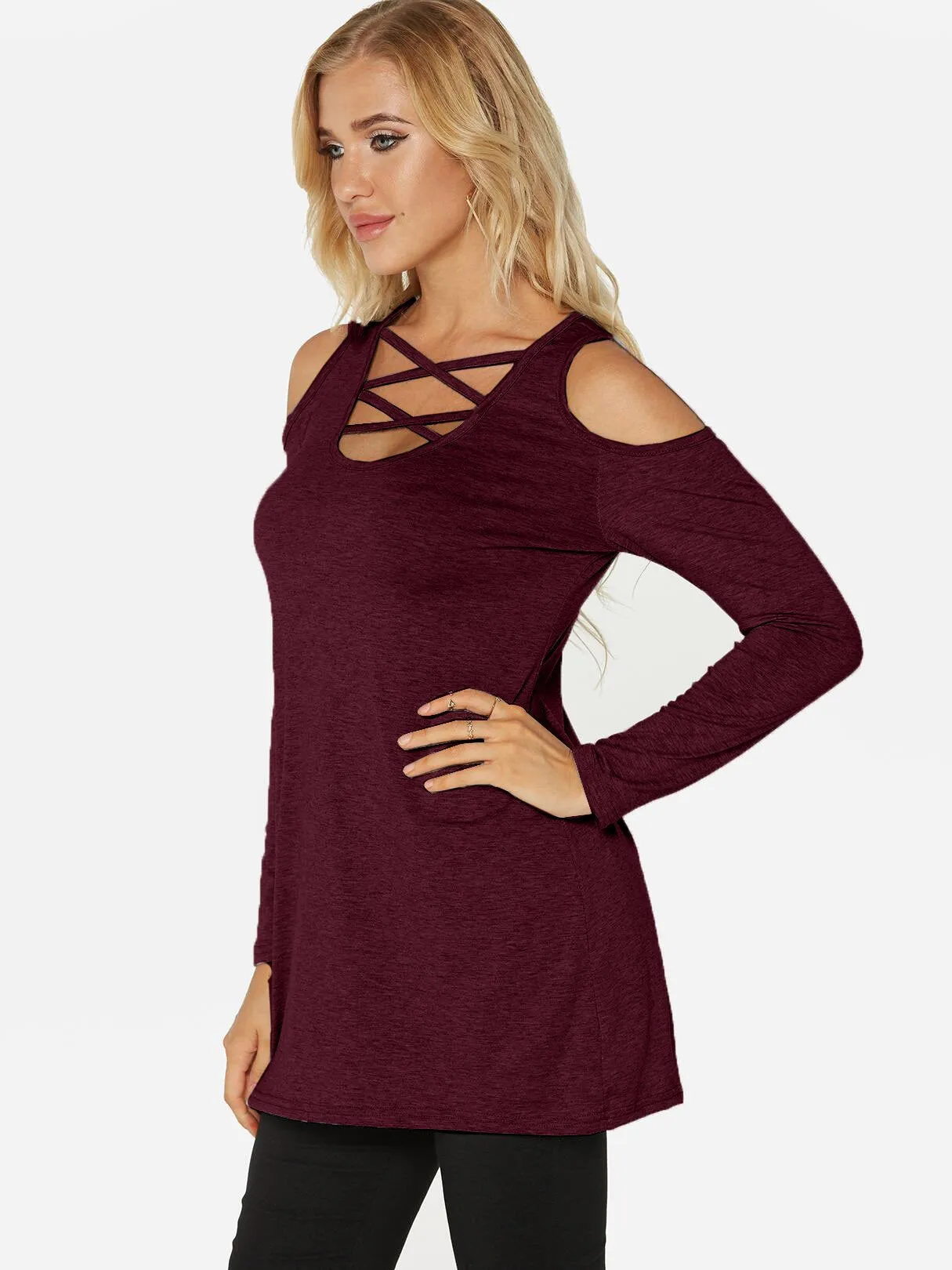 Custom Cold Shoulder Plain Cut Out Long Sleeve Burgundy T-Shirts