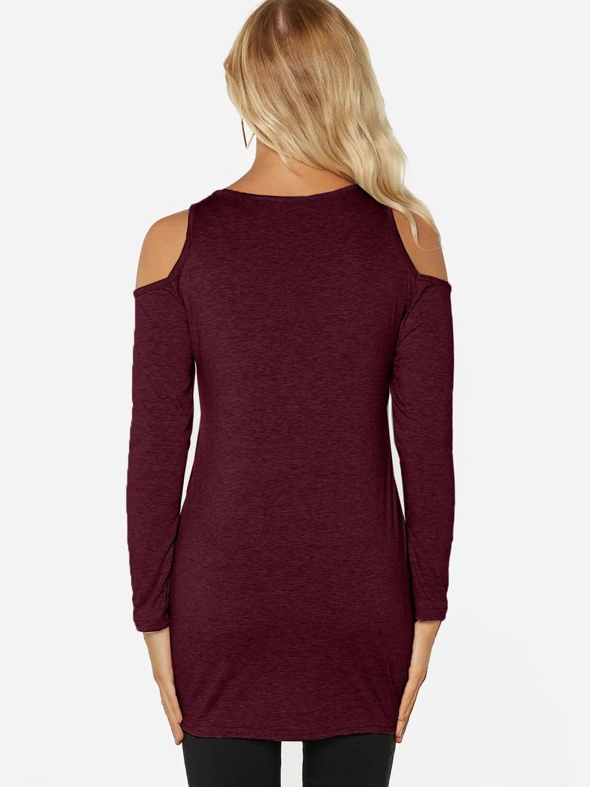 Custom Cold Shoulder Plain Cut Out Long Sleeve Burgundy T-Shirts