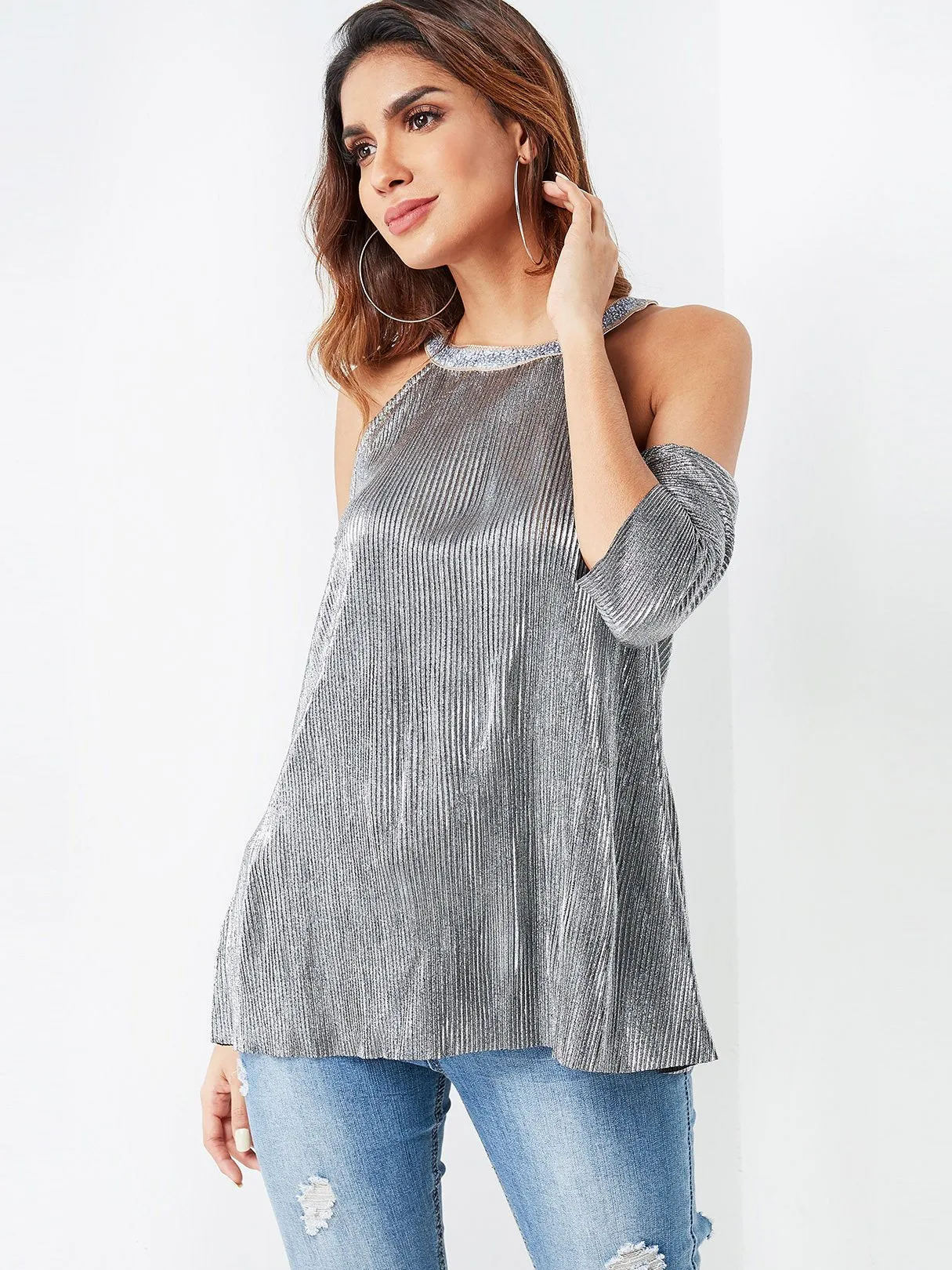 Custom Cold Shoulder Plain Hollow Half Sleeve Silver Top