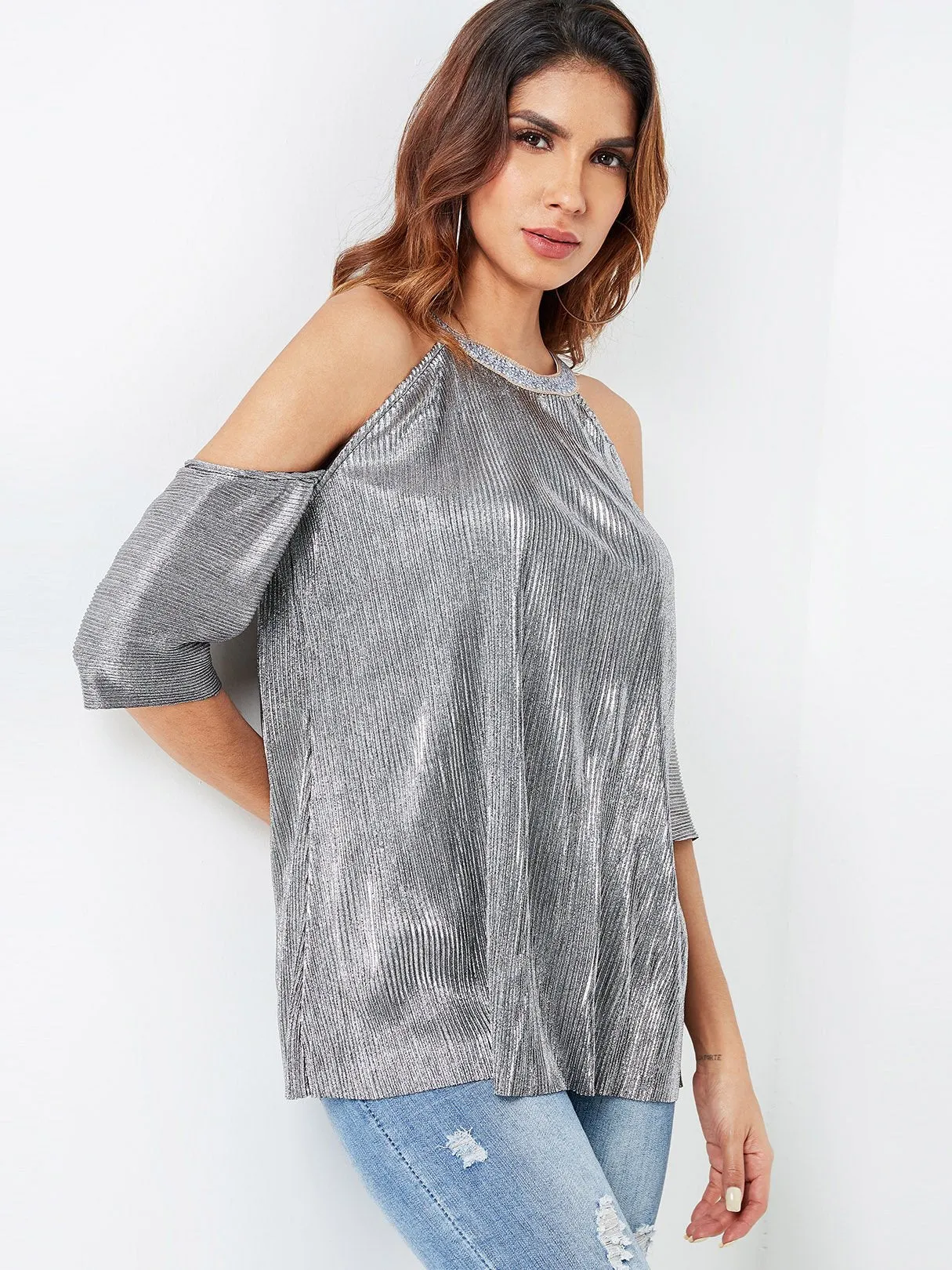 Custom Cold Shoulder Plain Hollow Half Sleeve Silver Top