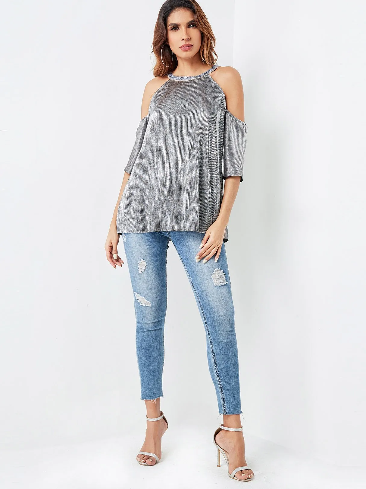 Custom Cold Shoulder Plain Hollow Half Sleeve Silver Top