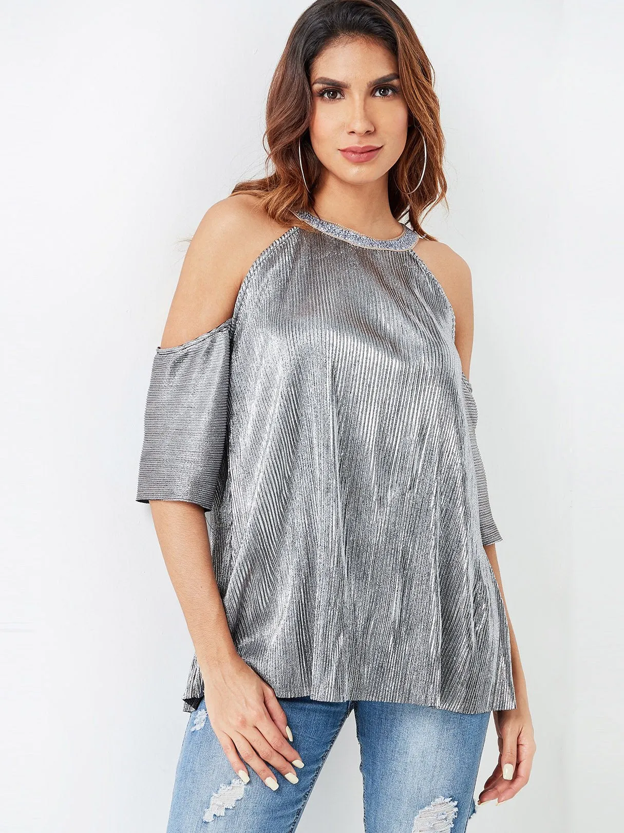 Custom Cold Shoulder Plain Hollow Half Sleeve Silver Top