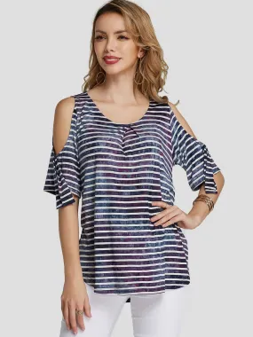 Custom Cold Shoulder Stripe Printed Half Sleeve T-Shirts