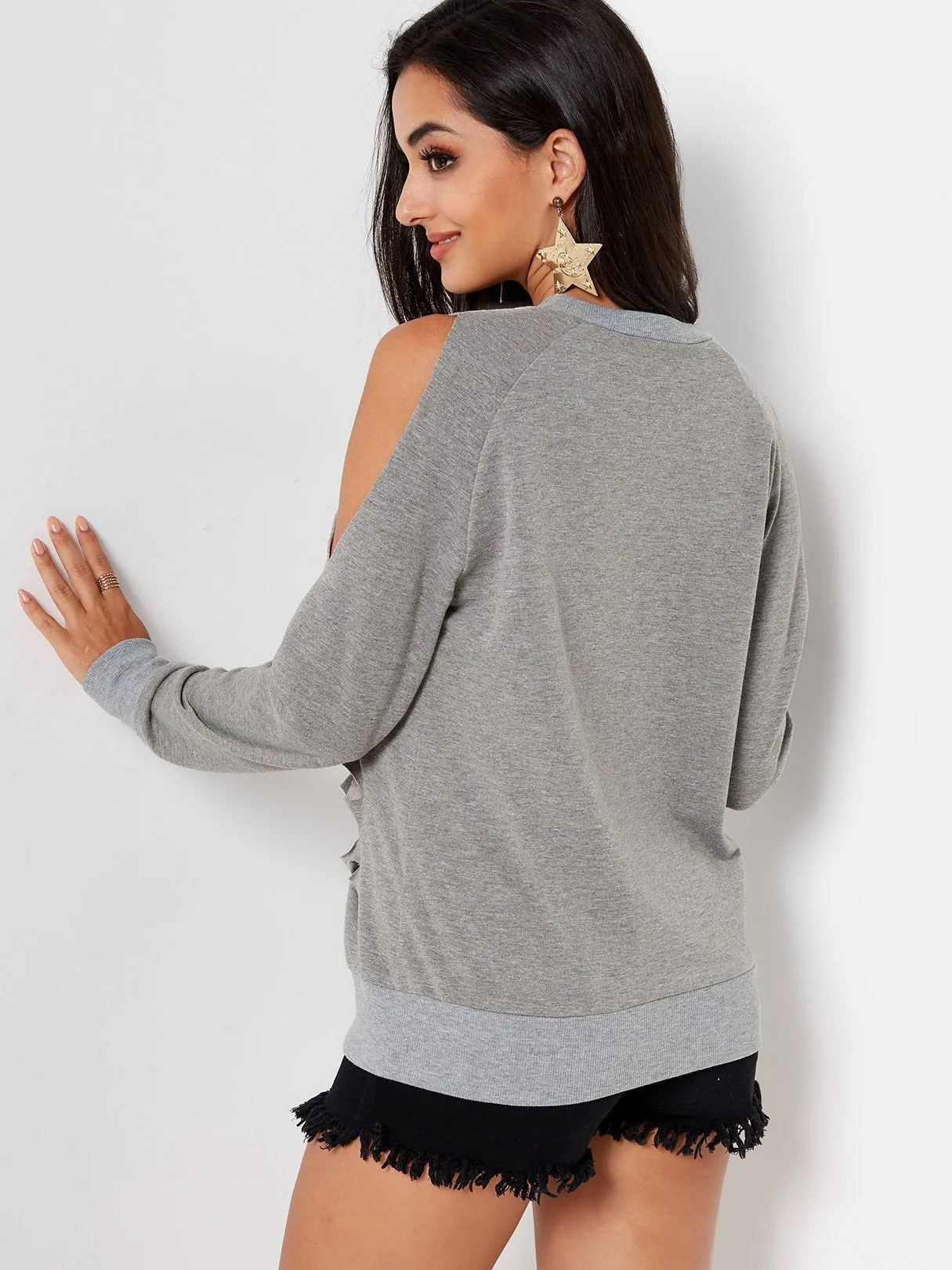 Custom Crew Neck Cold Shoulder Plain Random Ripped Long Sleeve Grey T-Shirts