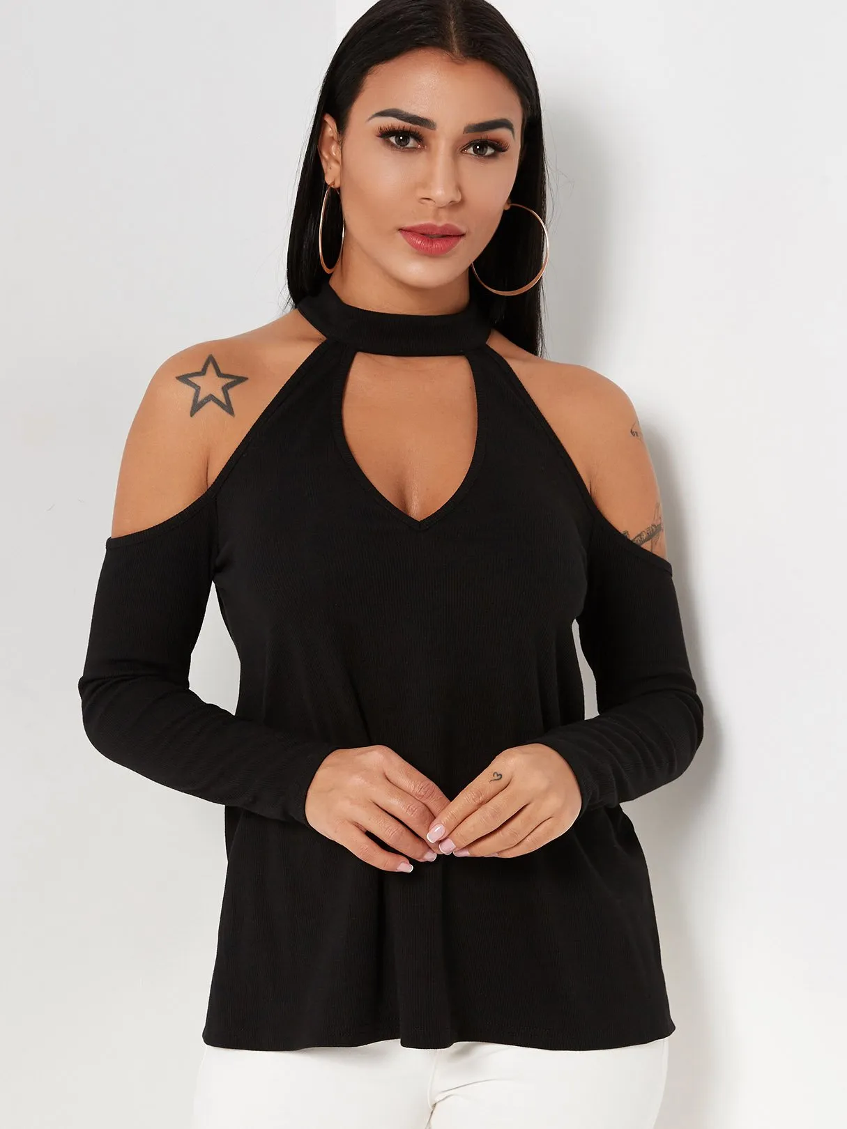 Custom Halter Cold Shoulder Plain Backless Cut Out Long Sleeve Black T-Shirts