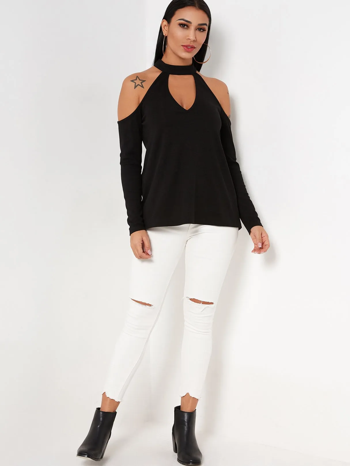 Custom Halter Cold Shoulder Plain Backless Cut Out Long Sleeve Black T-Shirts