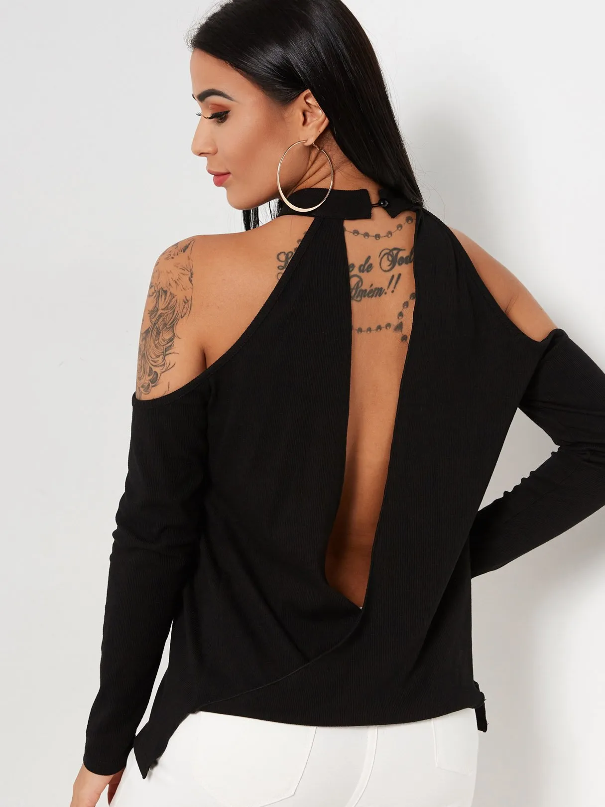 Custom Halter Cold Shoulder Plain Backless Cut Out Long Sleeve Black T-Shirts