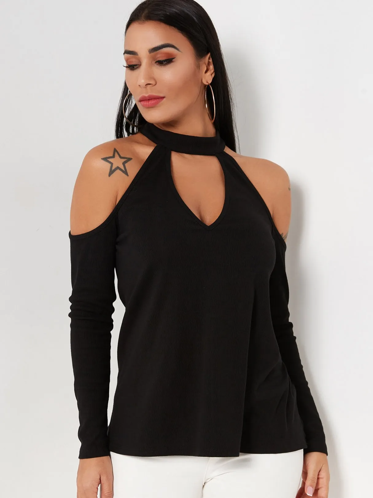 Custom Halter Cold Shoulder Plain Backless Cut Out Long Sleeve Black T-Shirts