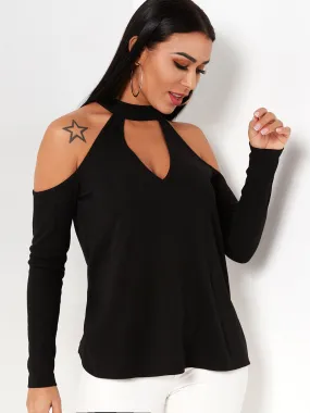 Custom Halter Cold Shoulder Plain Backless Cut Out Long Sleeve Black T-Shirts