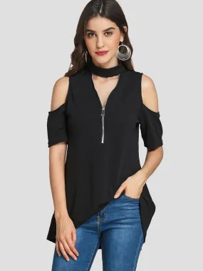 Custom Halter Cold Shoulder Plain Zip Back Half Sleeve High-Low Hem T-Shirts