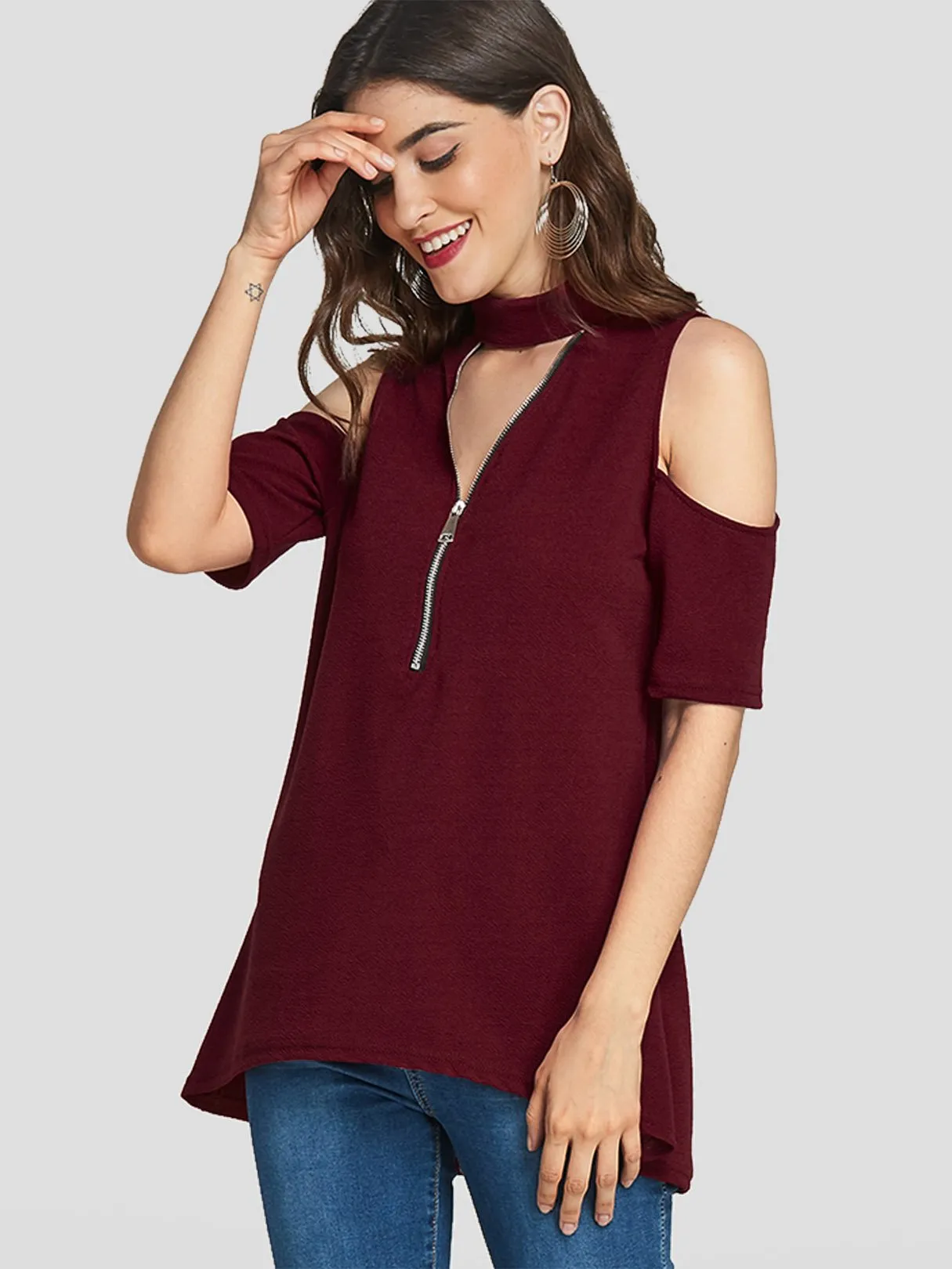 Custom Halter Cold Shoulder Plain Zip Back Half Sleeve High-Low Hem T-Shirts