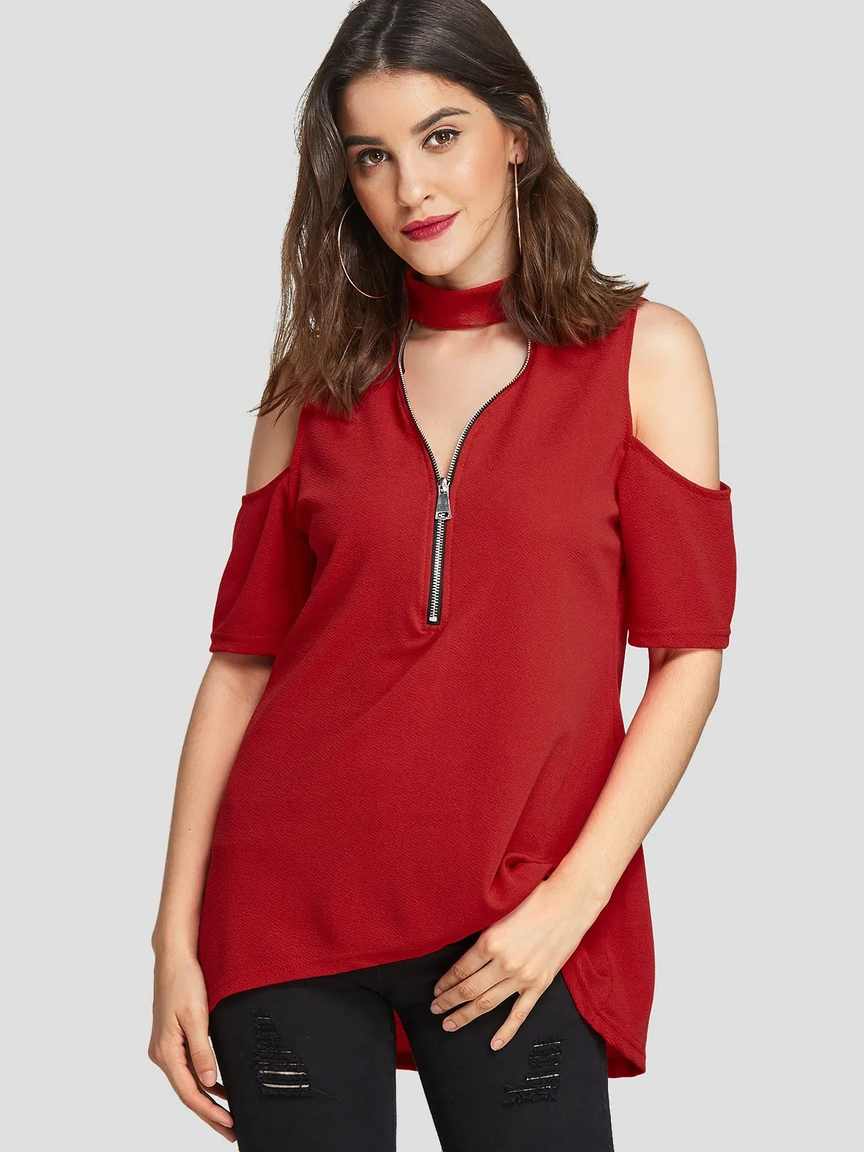 Custom Halter Cold Shoulder Plain Zip Back Half Sleeve High-Low Hem T-Shirts