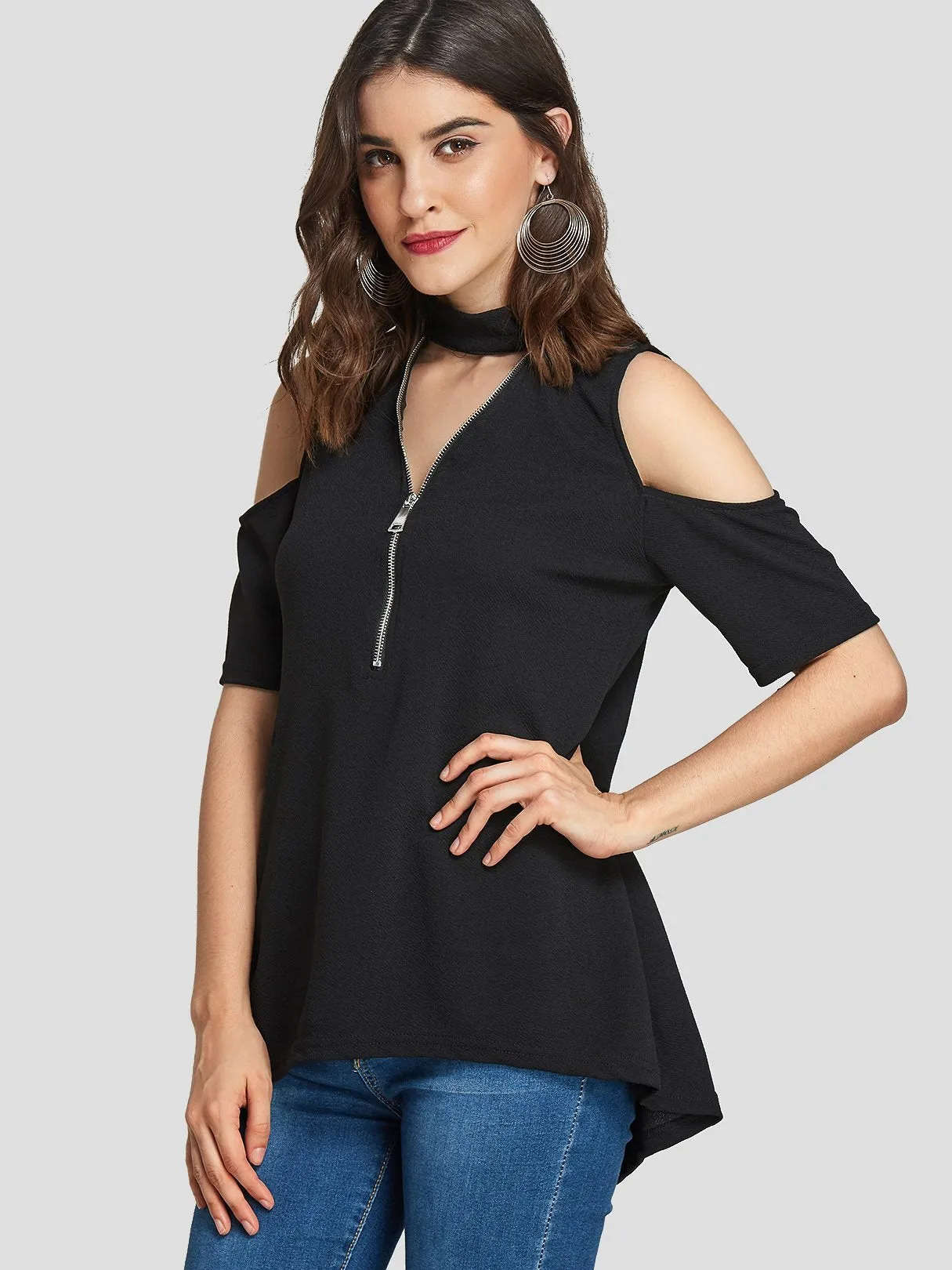 Custom Halter Cold Shoulder Plain Zip Back Half Sleeve High-Low Hem T-Shirts