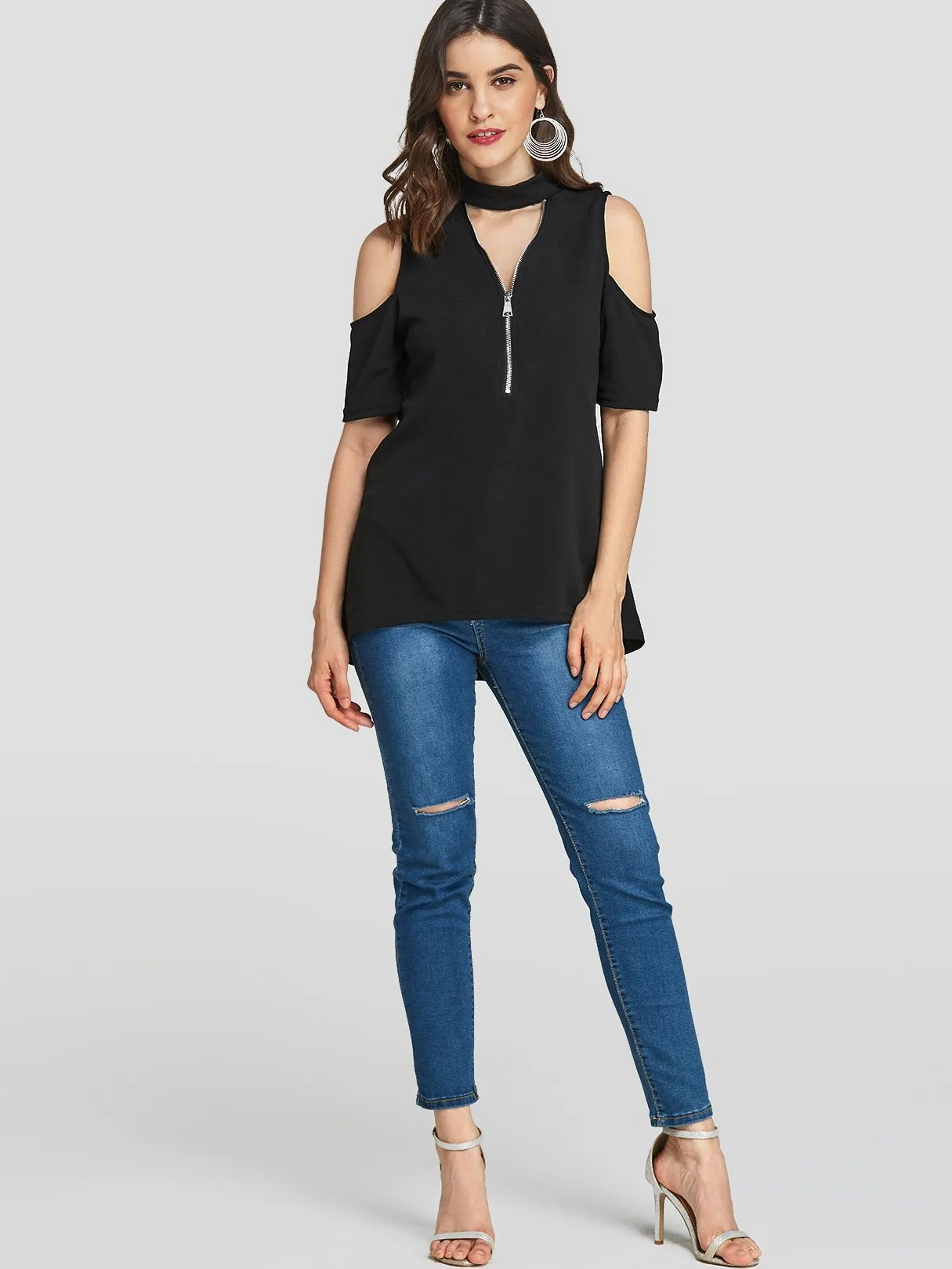 Custom Halter Cold Shoulder Plain Zip Back Half Sleeve High-Low Hem T-Shirts