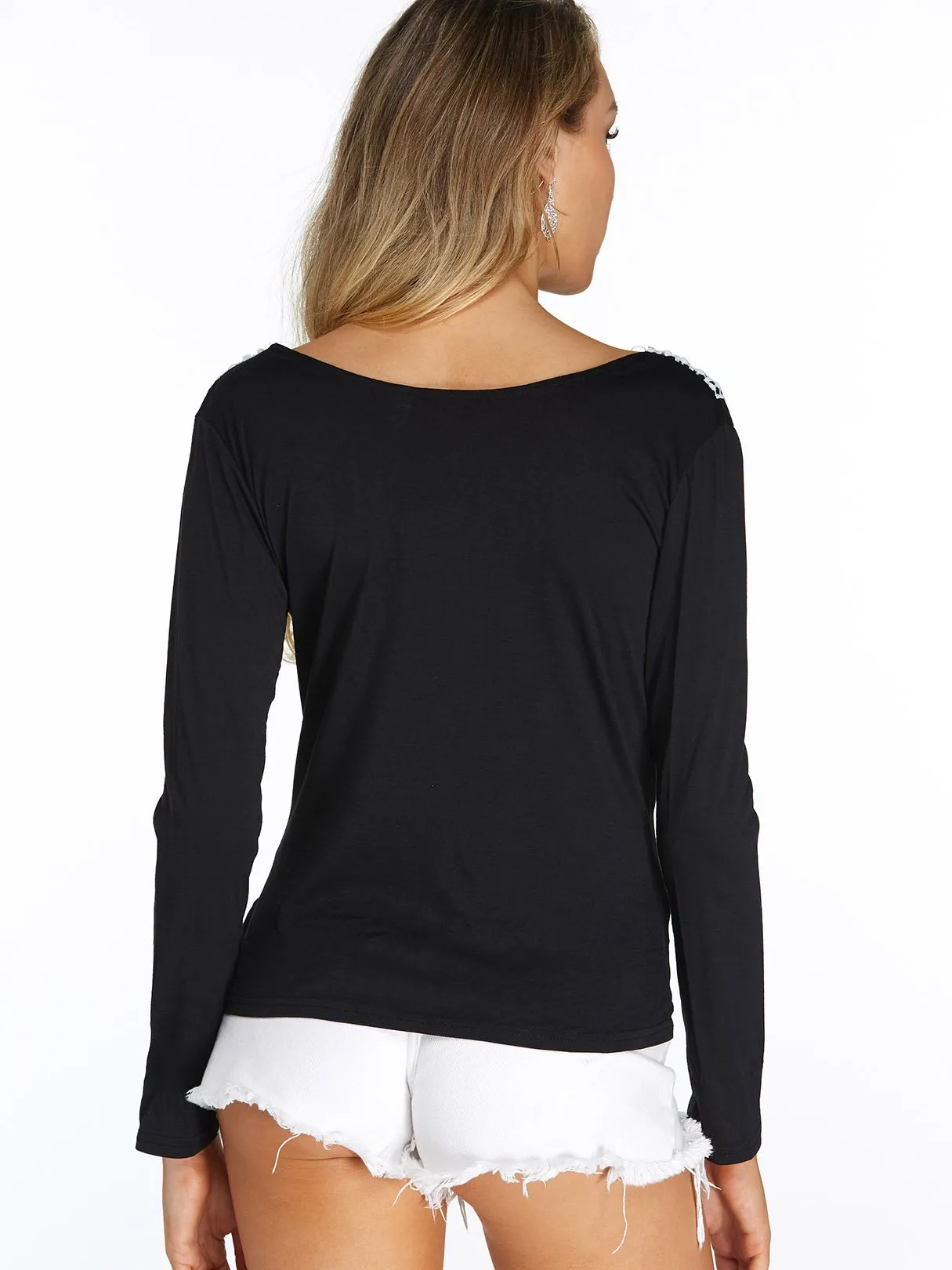 Custom Off The Shoulder Plain Lace Long Sleeve Black T-Shirts