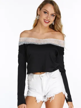 Custom Off The Shoulder Plain Lace Long Sleeve Black T-Shirts