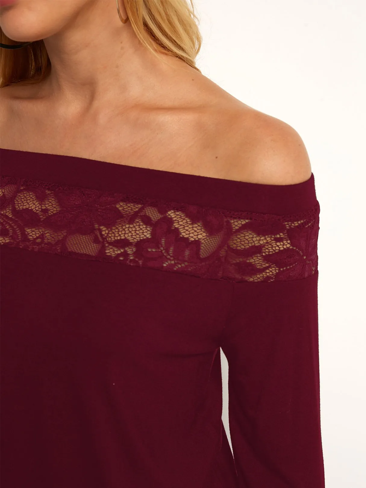 Custom Off The Shoulder Plain Lace Long Sleeve T-Shirts