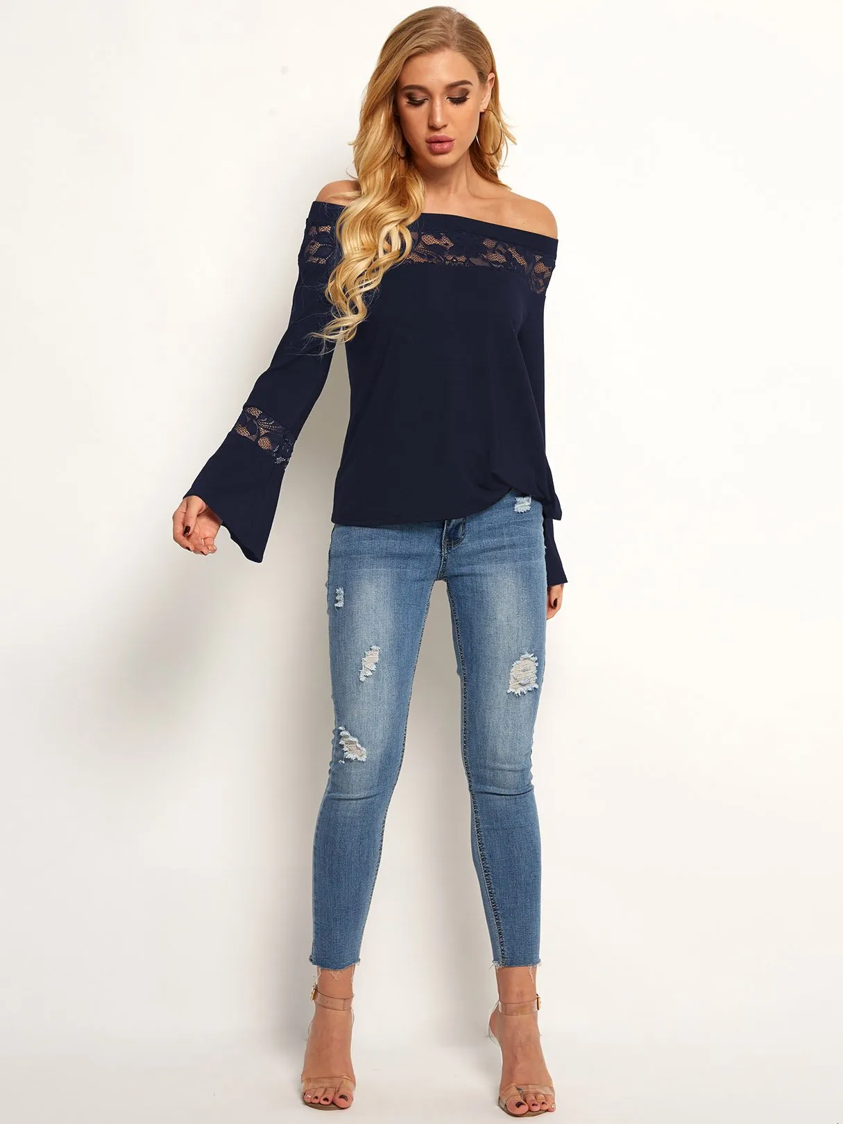 Custom Off The Shoulder Plain Lace Long Sleeve T-Shirts