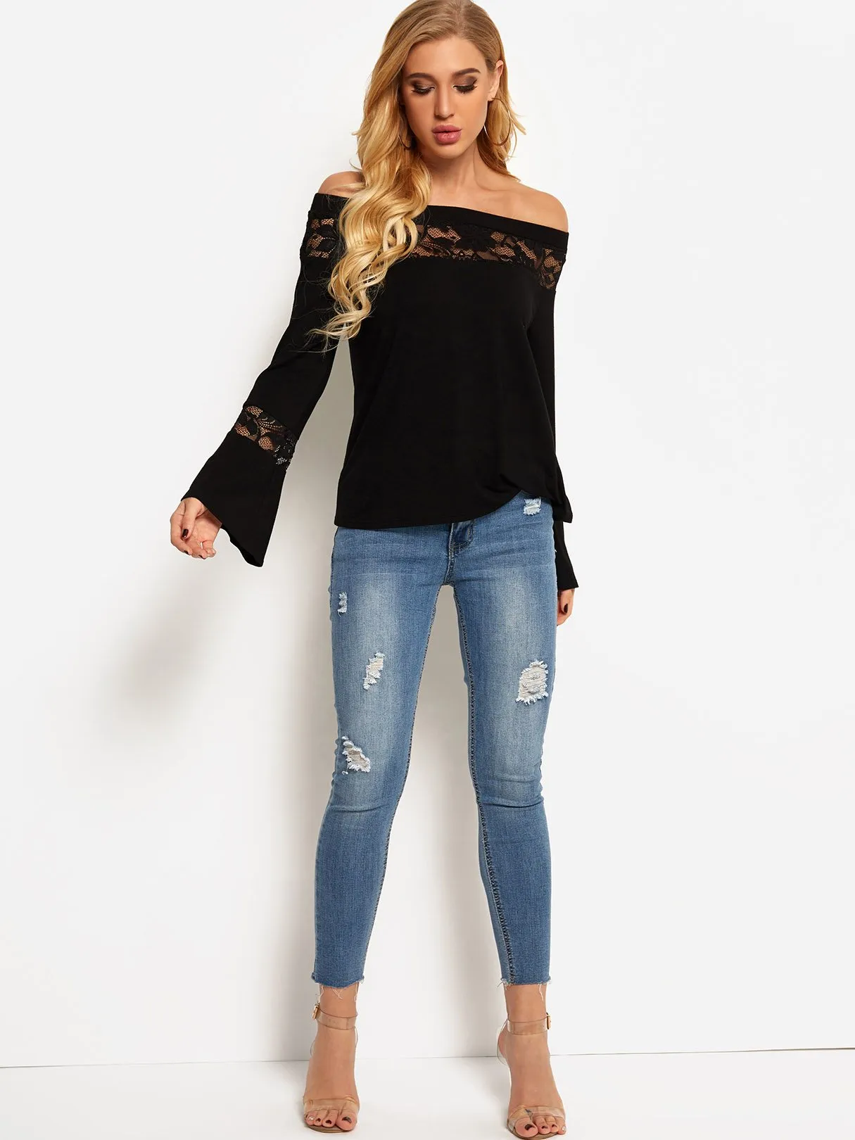 Custom Off The Shoulder Plain Lace Long Sleeve T-Shirts