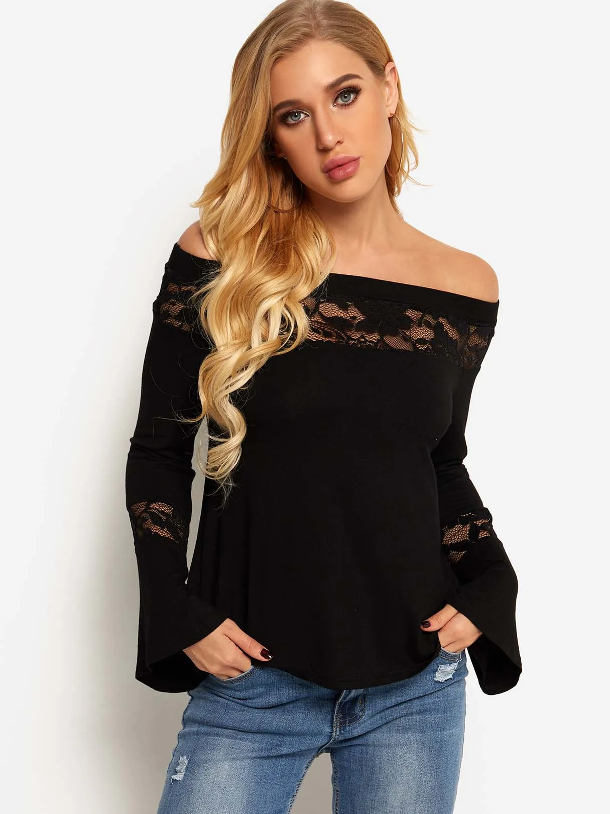 Custom Off The Shoulder Plain Lace Long Sleeve T-Shirts