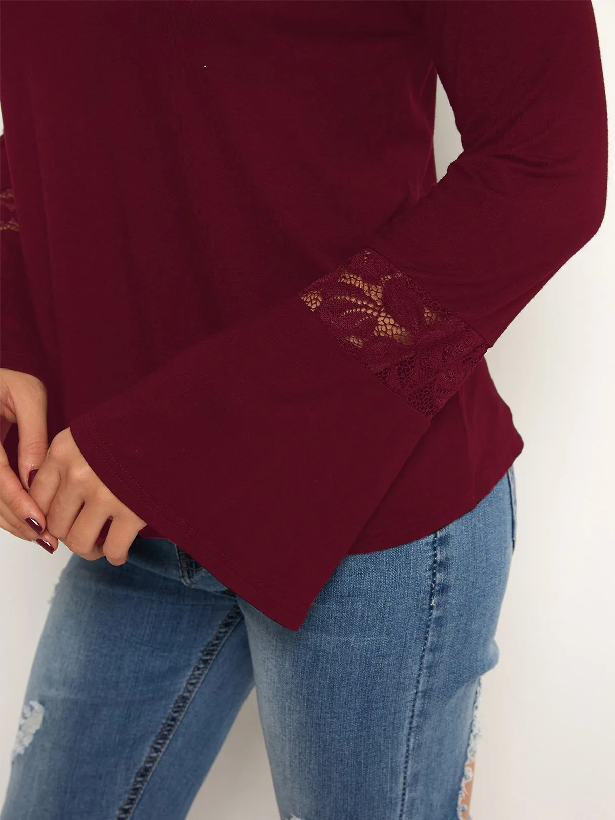 Custom Off The Shoulder Plain Lace Long Sleeve T-Shirts