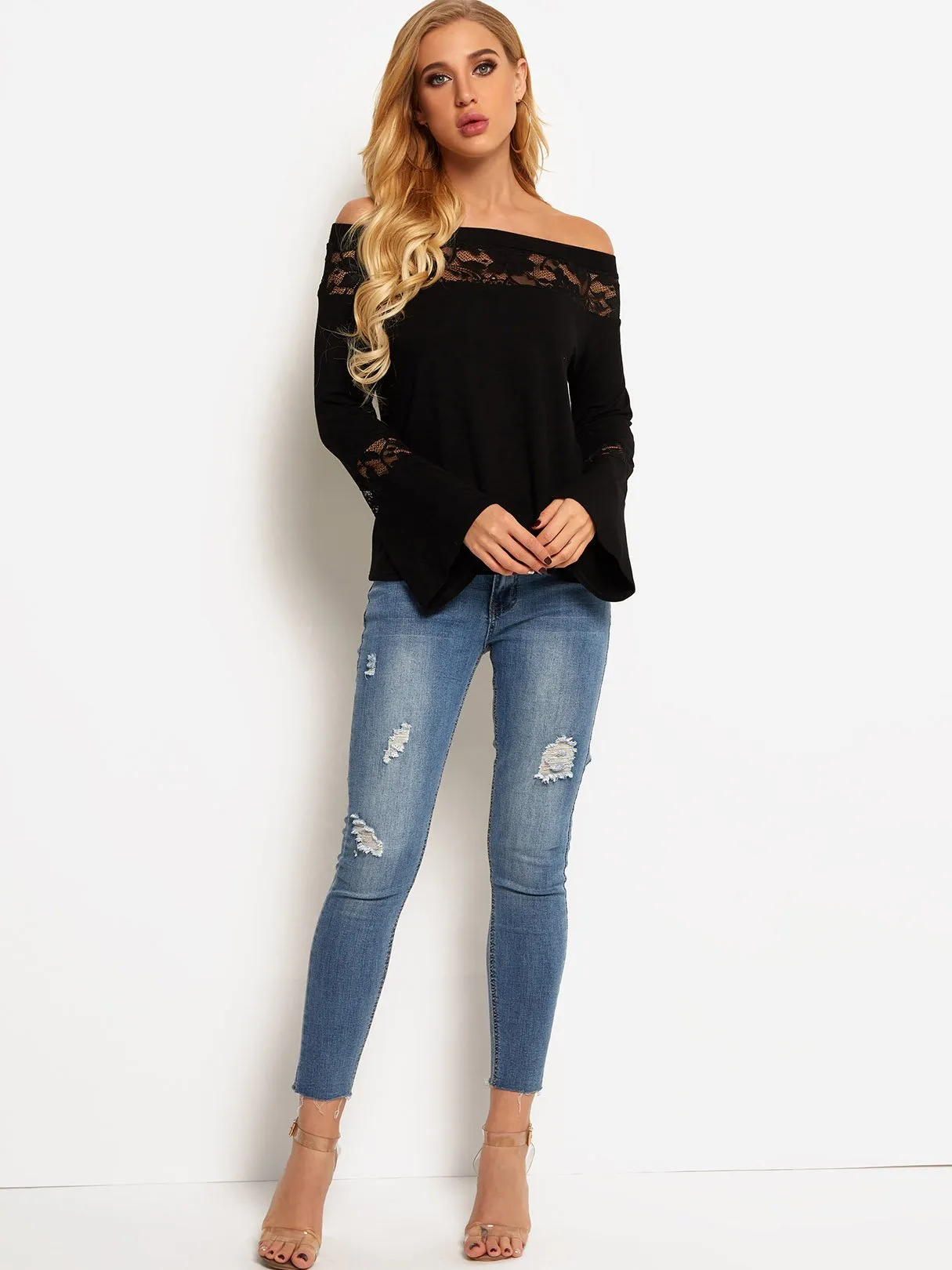 Custom Off The Shoulder Plain Lace Long Sleeve T-Shirts