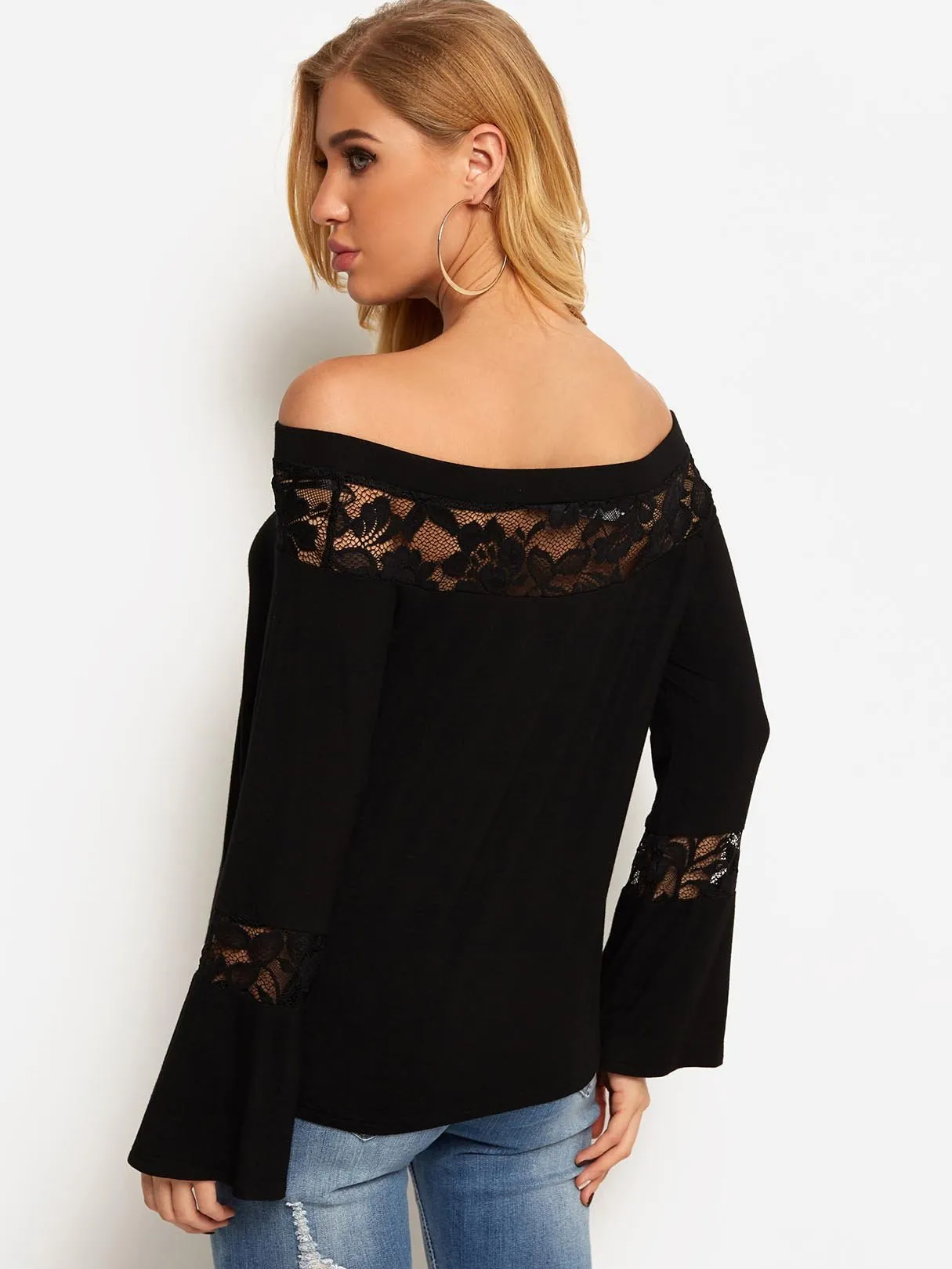 Custom Off The Shoulder Plain Lace Long Sleeve T-Shirts