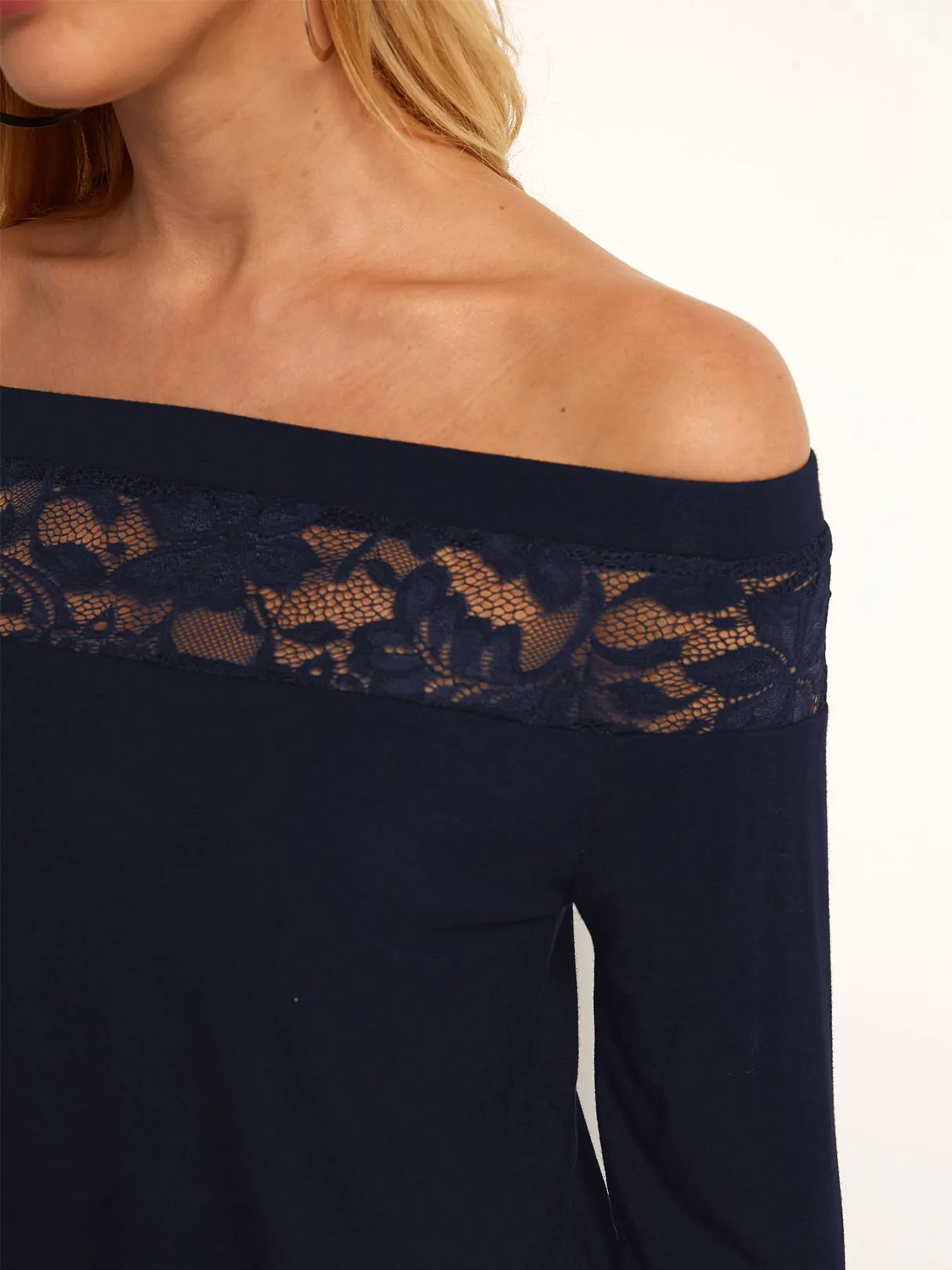 Custom Off The Shoulder Plain Lace Long Sleeve T-Shirts