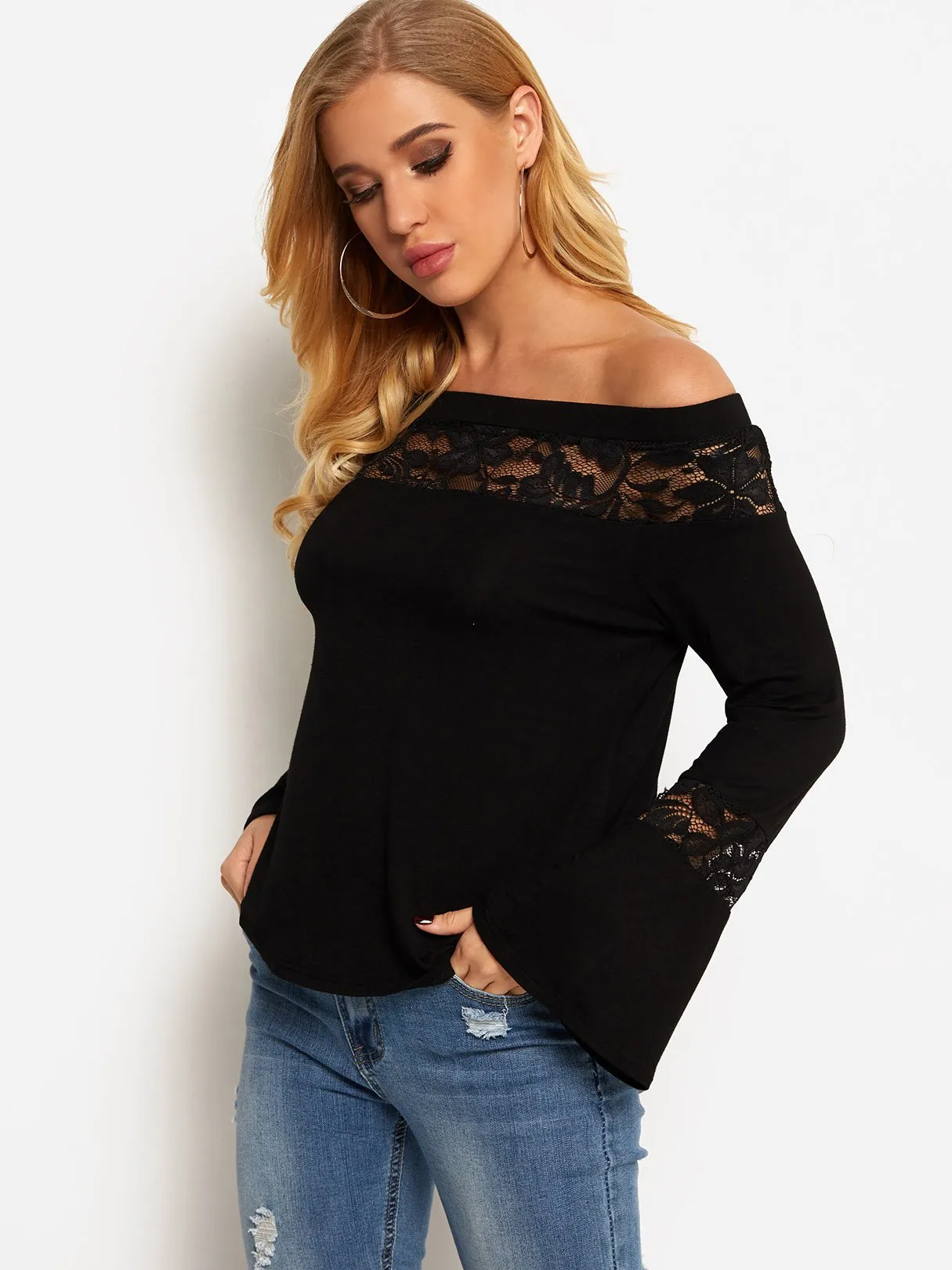 Custom Off The Shoulder Plain Lace Long Sleeve T-Shirts