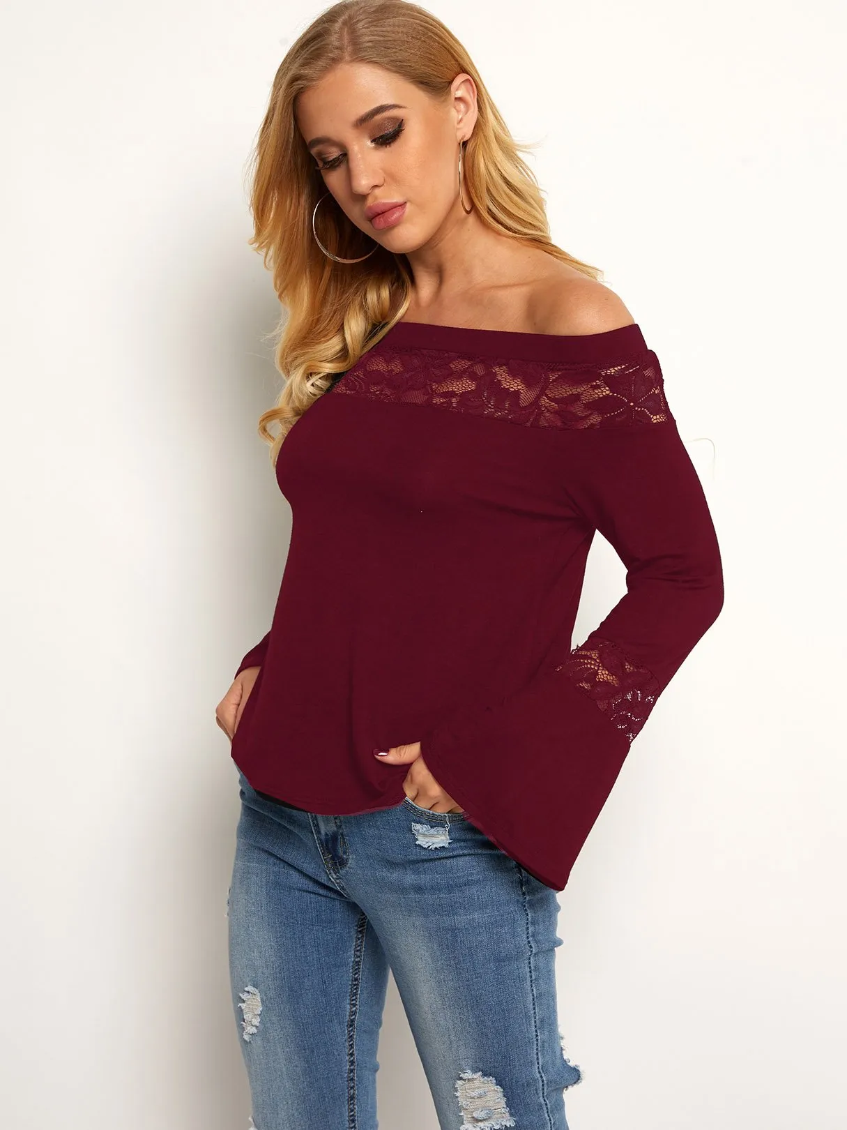 Custom Off The Shoulder Plain Lace Long Sleeve T-Shirts