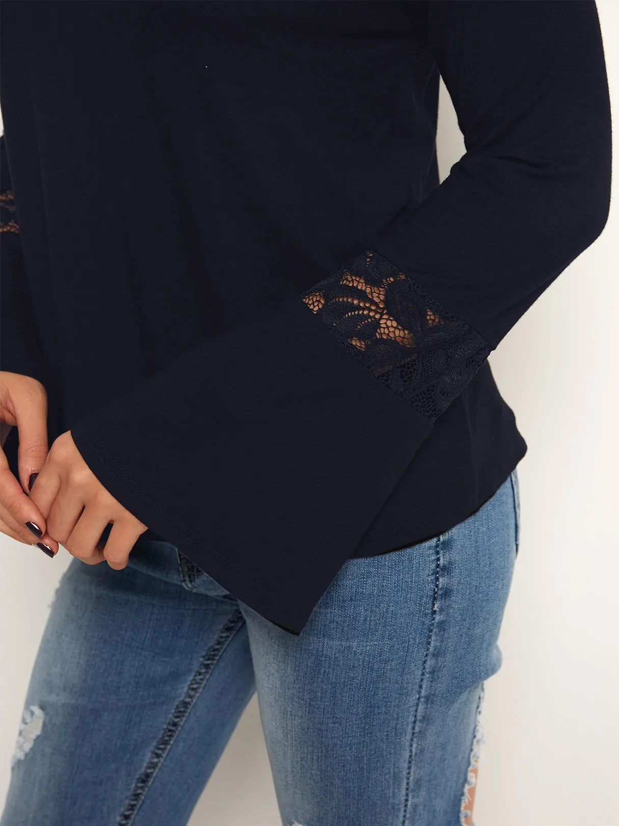 Custom Off The Shoulder Plain Lace Long Sleeve T-Shirts