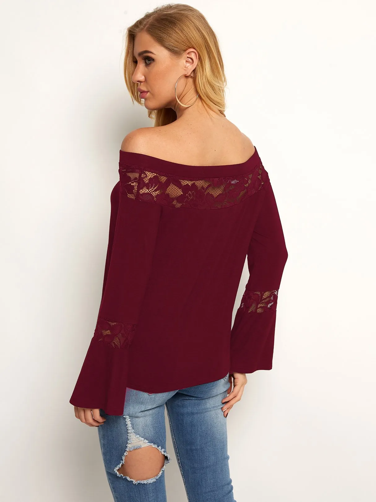 Custom Off The Shoulder Plain Lace Long Sleeve T-Shirts