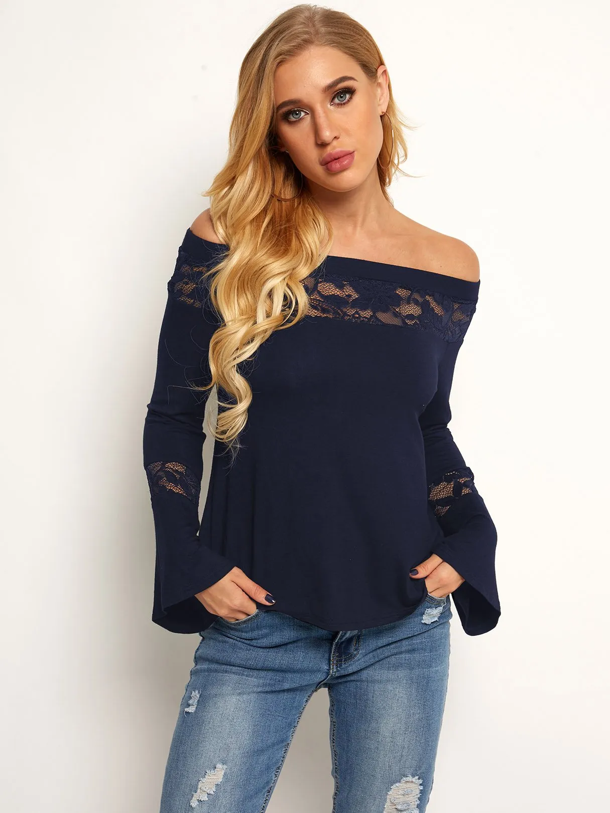 Custom Off The Shoulder Plain Lace Long Sleeve T-Shirts