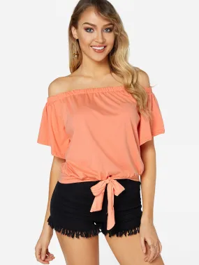 Custom Off The Shoulder Plain Short Sleeve Orange T-Shirts