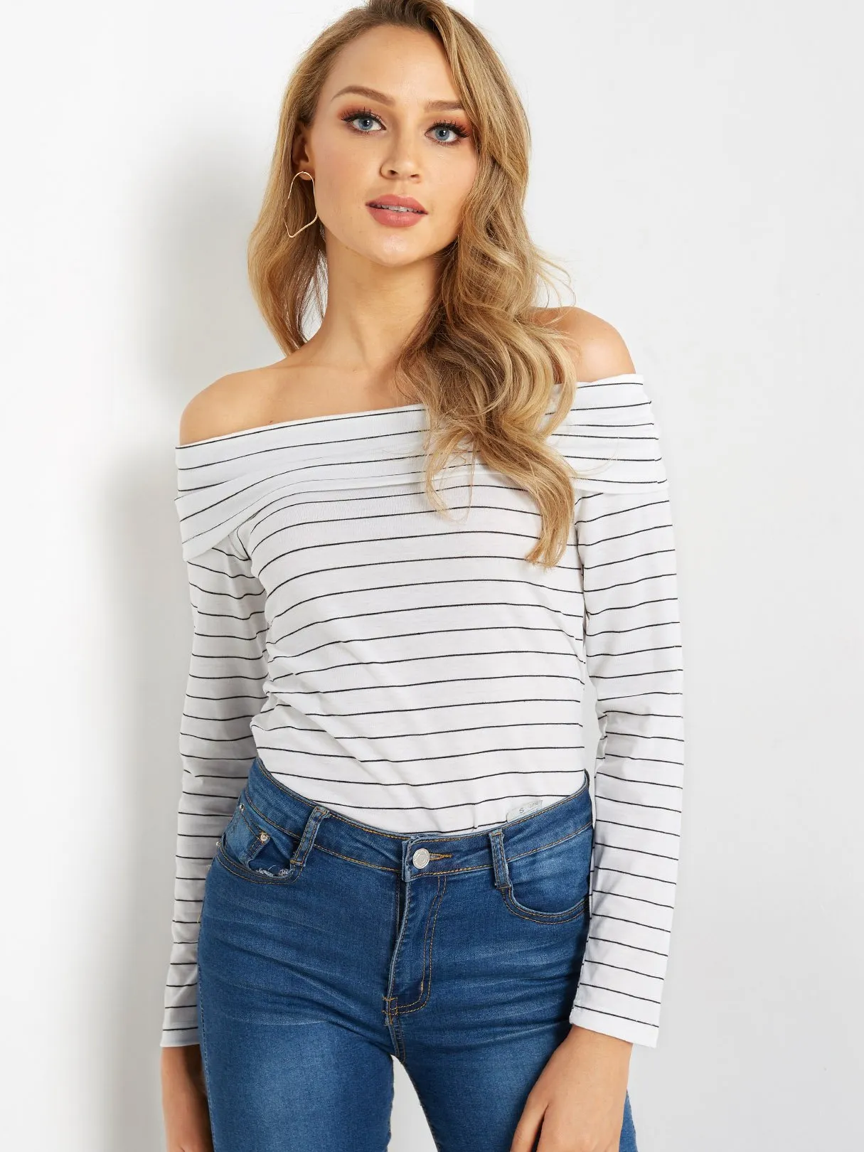 Custom Off The Shoulder Stripe Tiered Long Sleeve White Top