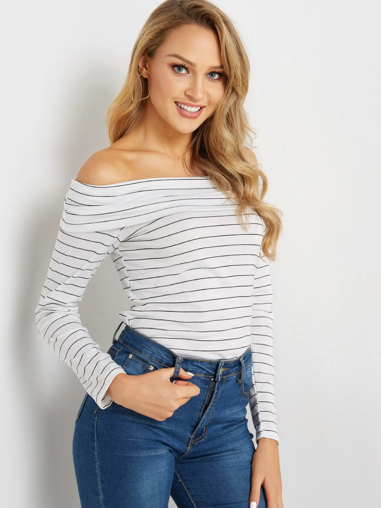 Custom Off The Shoulder Stripe Tiered Long Sleeve White Top