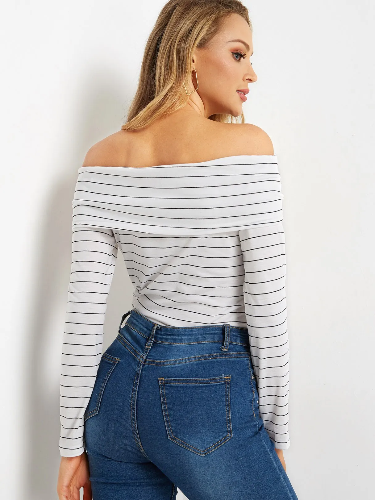 Custom Off The Shoulder Stripe Tiered Long Sleeve White Top