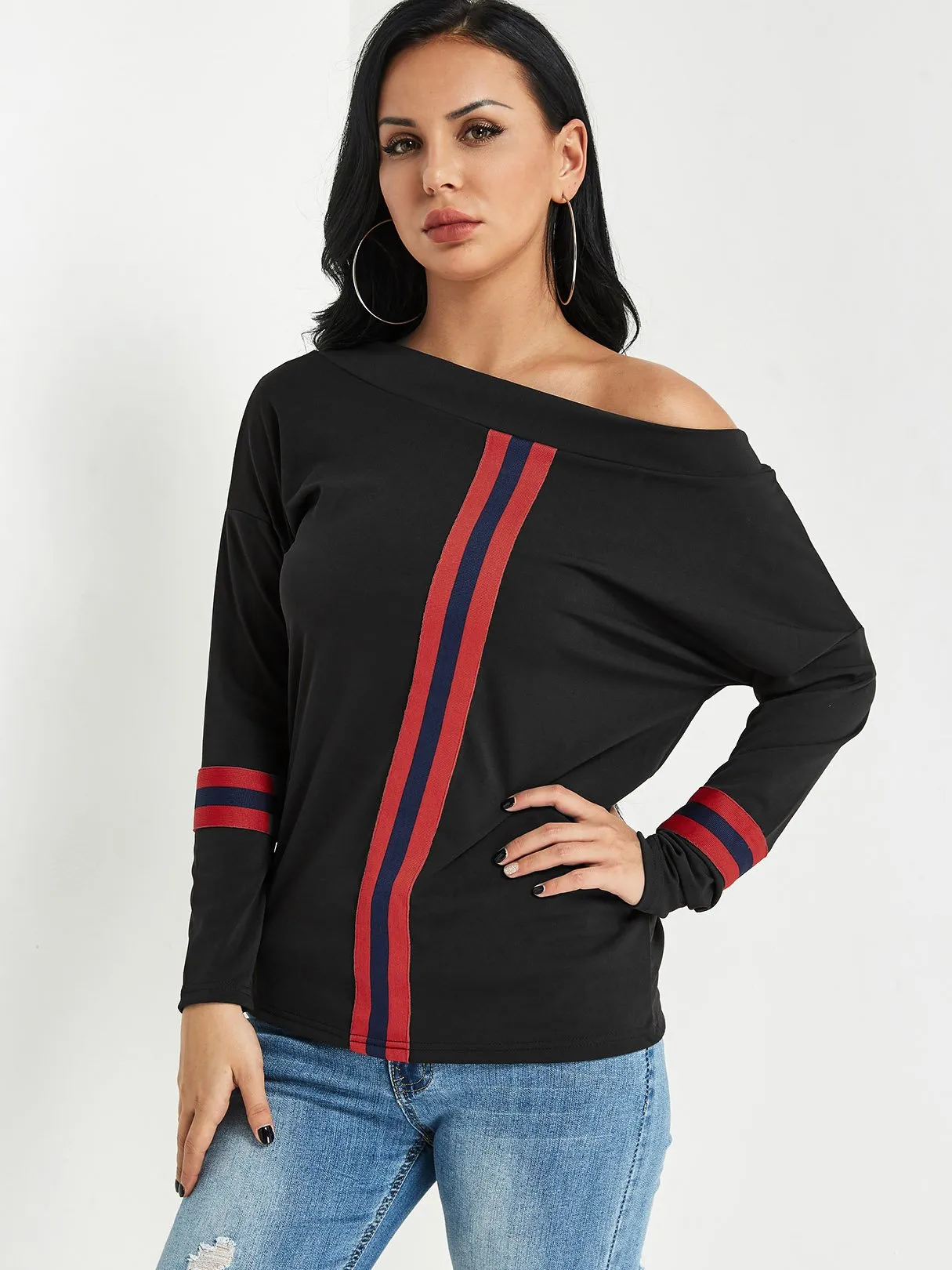 Custom One Shoulder Stripe Long Sleeve Top